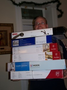 Mr. Incredible himself behind the mountain of reject faucets.